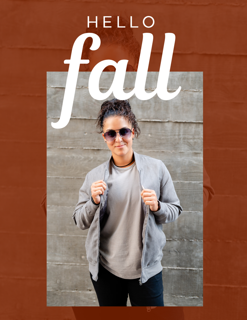 Text: Hello Fall. Superimposed onto picture of DB model wearing a light jacket perfect for fall!