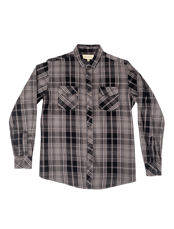 Grey Plaid Flannel Button-Up