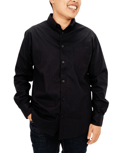 Black Poplin Long Sleeve Button-Up