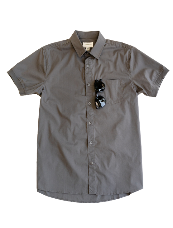 Dark Grey Short Sleeve Button-Up with Ribbed Cuff