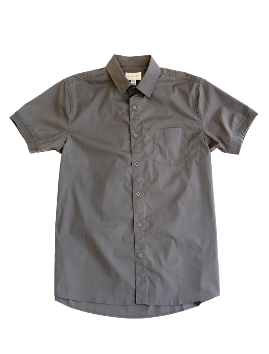 Dark Grey Short Sleeve Button-Up with Ribbed Cuff