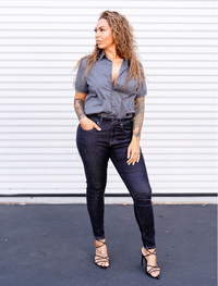 Dark Grey Short Sleeve Button-Up with Ribbed Cuff