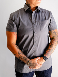 Dark Grey Short Sleeve Button-Up with Ribbed Cuff