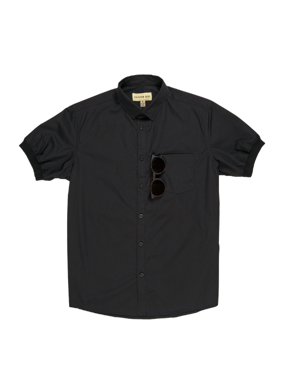 Black Short Sleeve Button-Up with Ribbed Cuff | Dapper Boi