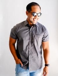 Dark Grey Short Sleeve Button-Up with Ribbed Cuff