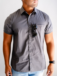 Dark Grey Short Sleeve Button-Up with Ribbed Cuff