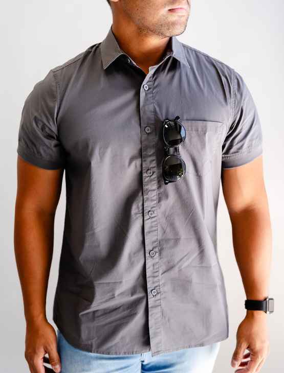 Dark Grey Short Sleeve Button-Up with Ribbed Cuff