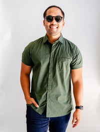Olive Short Sleeve Button-Up with Ribbed Cuff