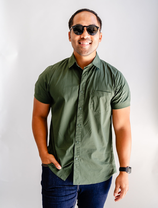 Olive Short Sleeve Button-Up with Ribbed Cuff
