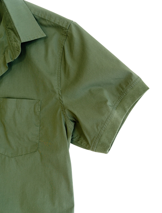 Olive Short Sleeve Button-Up with Ribbed Cuff
