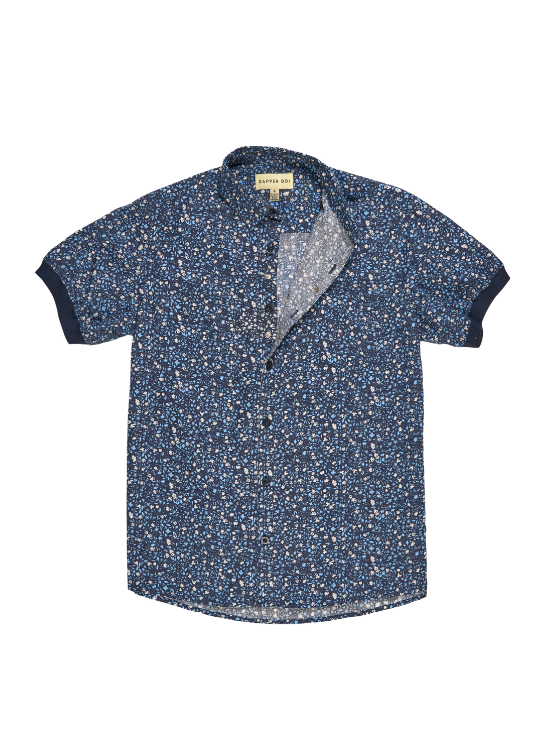 Pre-Order: Blue Floral Short Sleeve Button-Up with Ribbed Cuff
