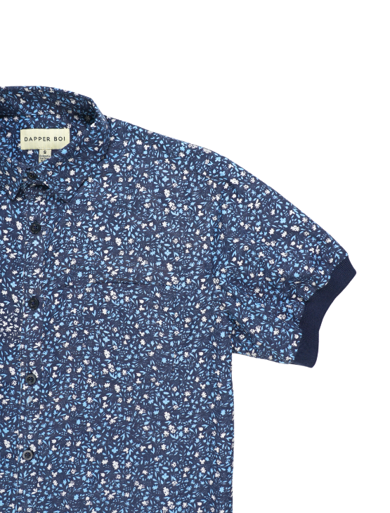 Pre-Order: Blue Floral Short Sleeve Button-Up with Ribbed Cuff