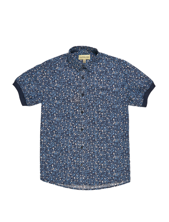 Pre-Order: Blue Floral Short Sleeve Button-Up with Ribbed Cuff