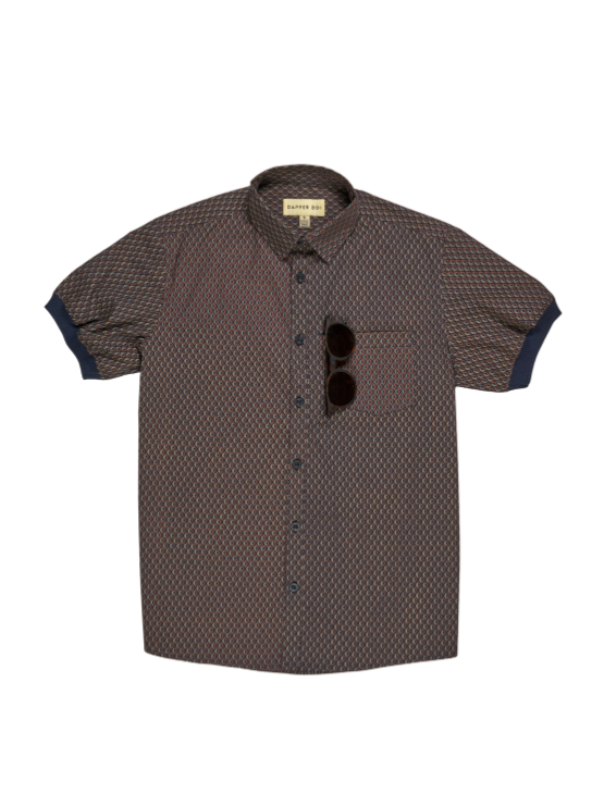 Pre-Order: Navy Geo Short Sleeve Button-Up with Ribbed Cuff