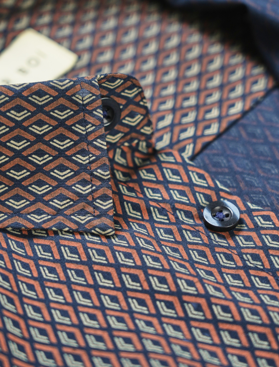 Pre-Order: Navy Geo Short Sleeve Button-Up with Ribbed Cuff