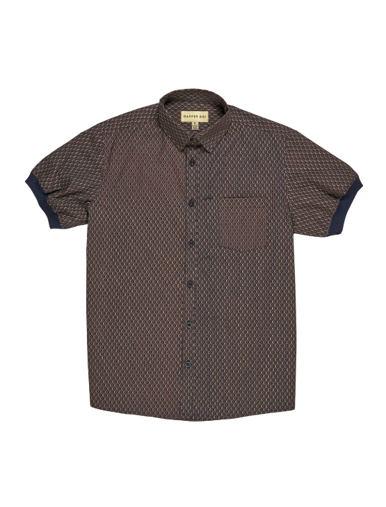 Pre-Order: Navy Geo Short Sleeve Button-Up with Ribbed Cuff