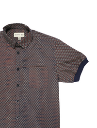 Pre-Order: Navy Geo Short Sleeve Button-Up with Ribbed Cuff