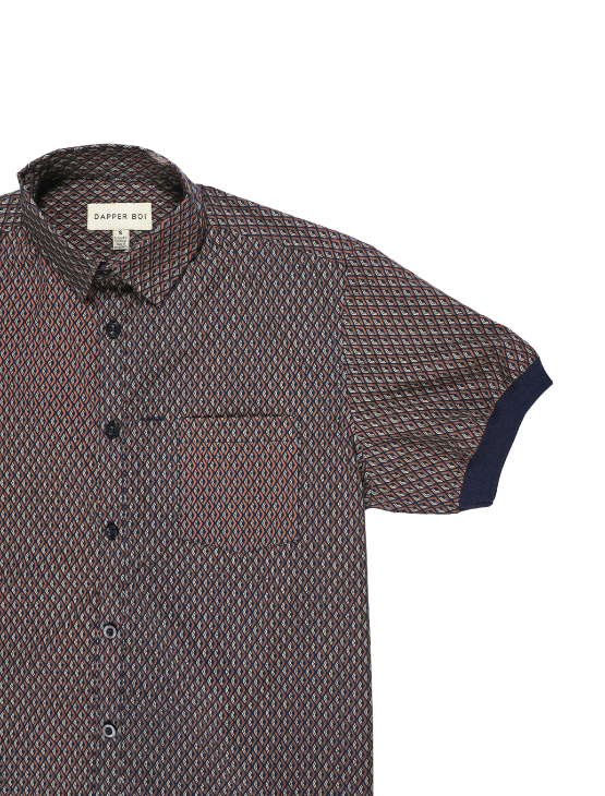Pre-Order: Navy Geo Short Sleeve Button-Up with Ribbed Cuff