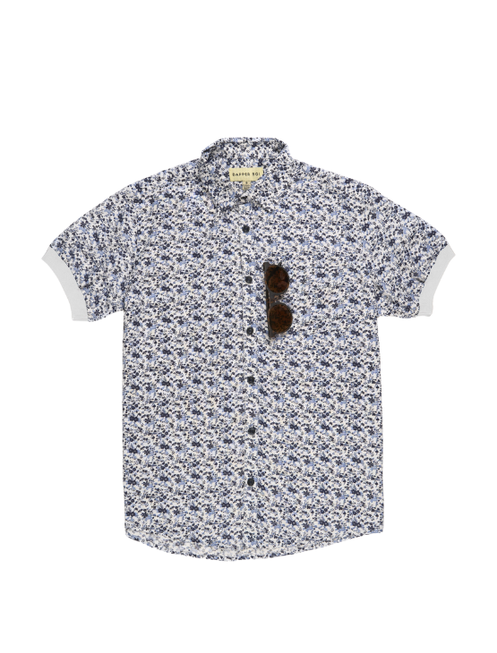 Pre-Order: White Floral Short Sleeve Button-Up with Ribbed Cuff