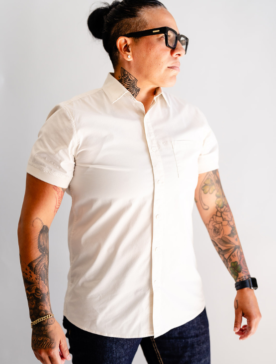 Short Sleeve Button-Up with Ribbed Cuff