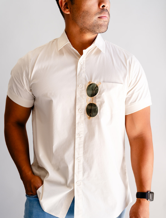 Short Sleeve Button-Up with Ribbed Cuff